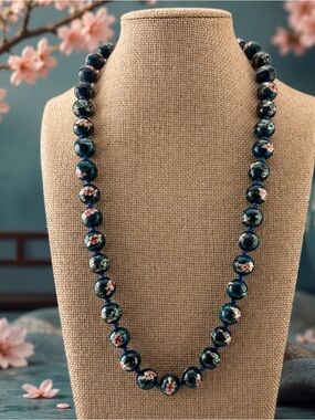 Cloisonné Hand-Painted Teal Floral Bead Necklace 24’